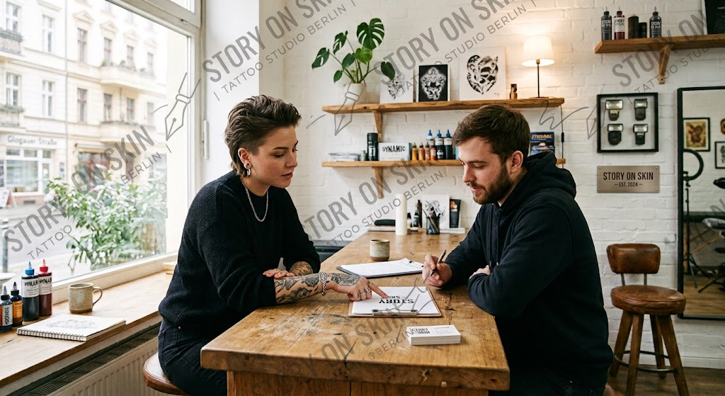 Tattoo artist discussing legal age restrictions and consent paperwork in Germany